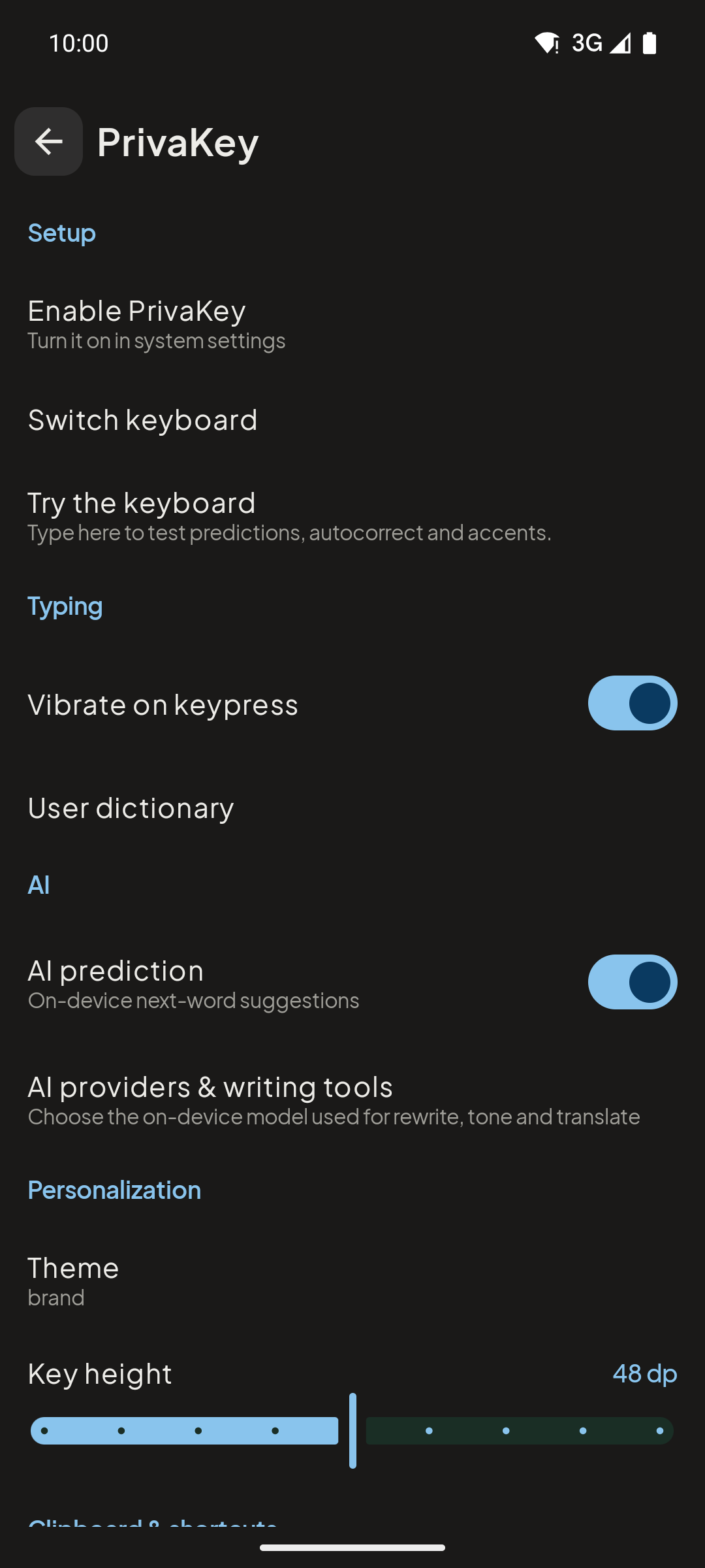 PrivaKey settings and on-device AI