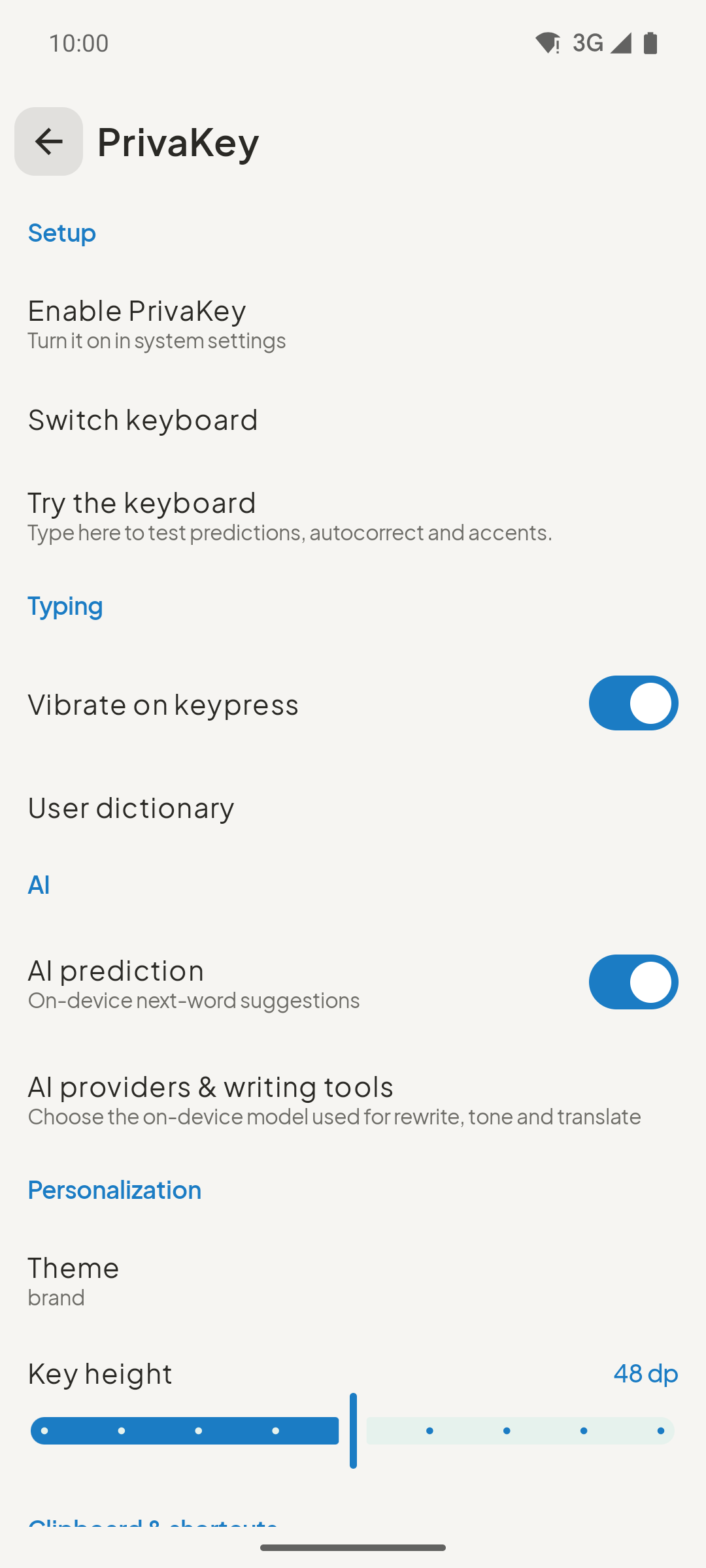 PrivaKey settings and on-device AI