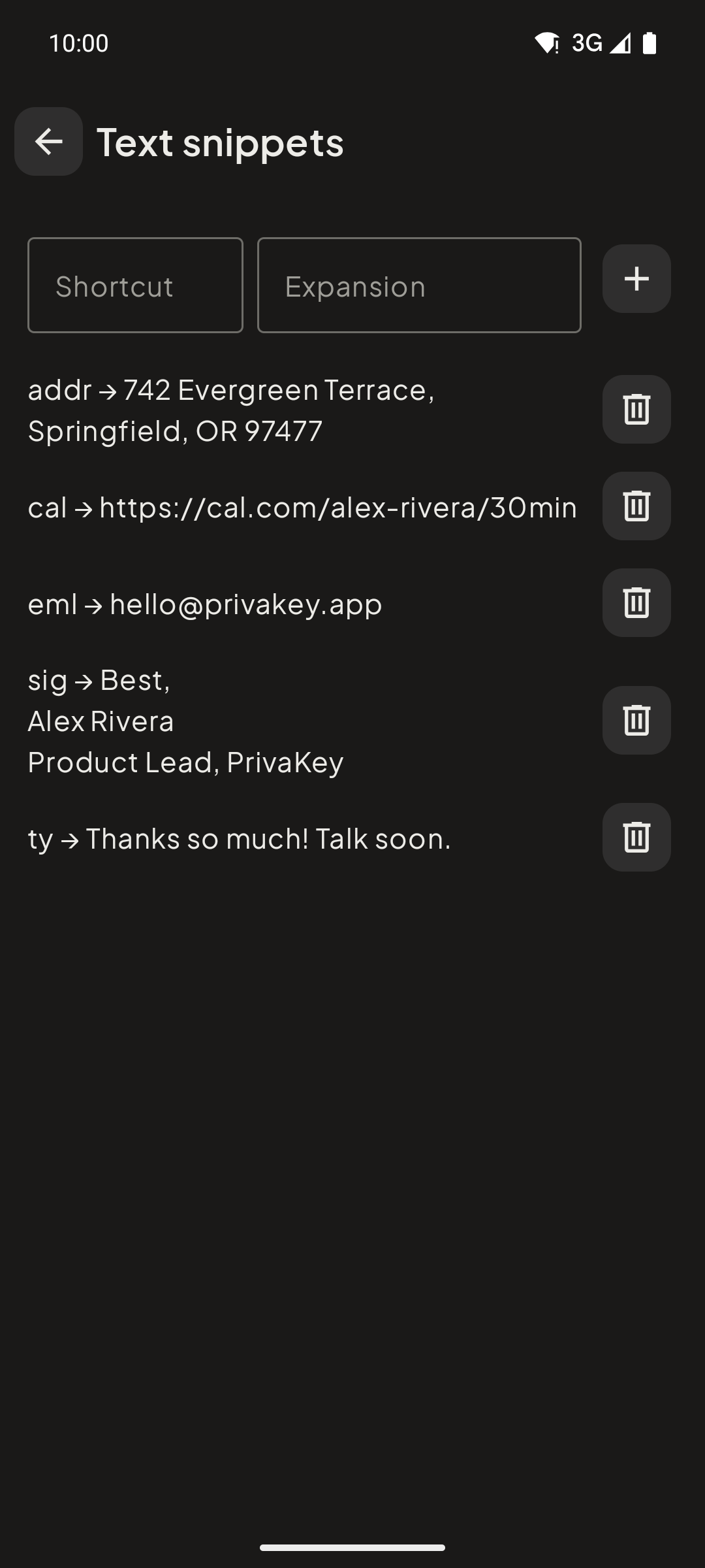 PrivaKey text snippets