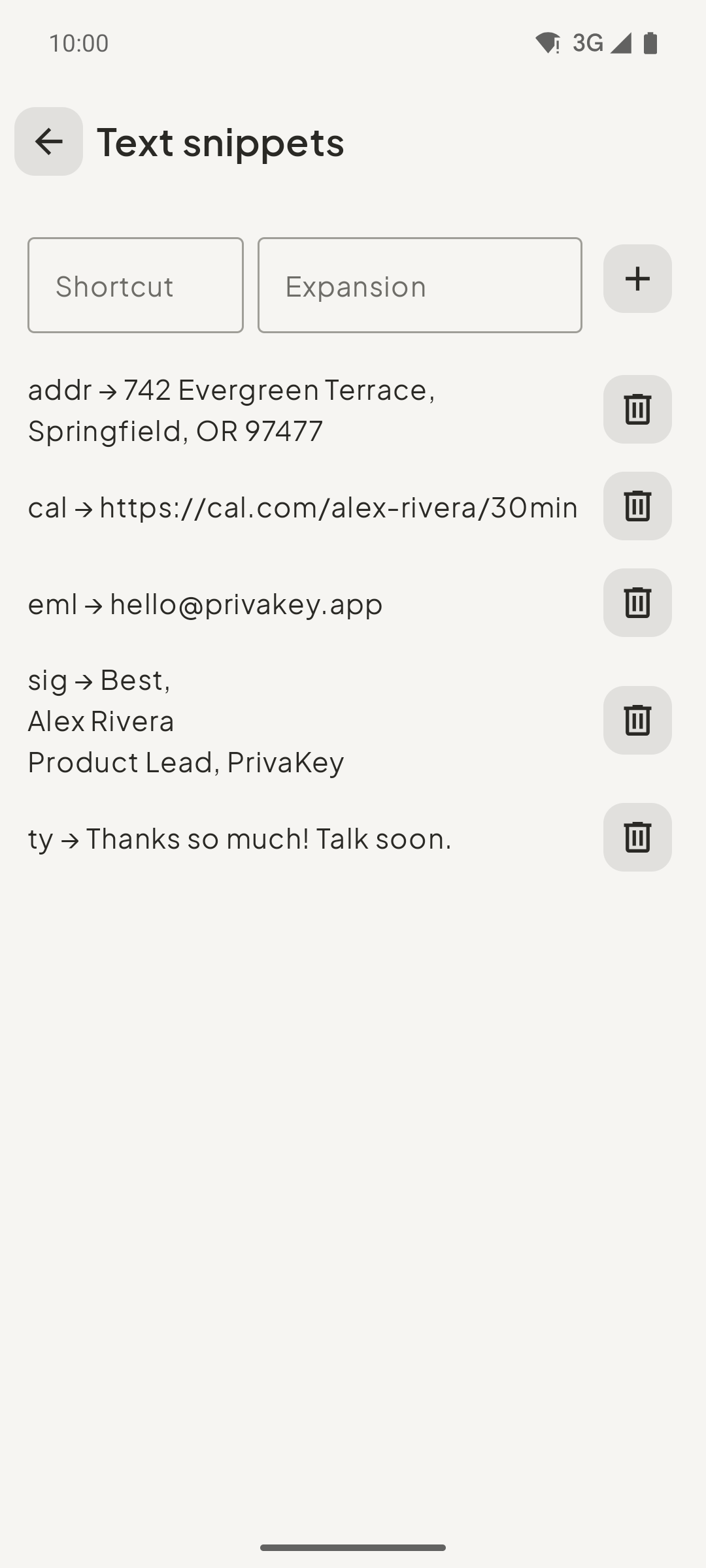 PrivaKey text snippets