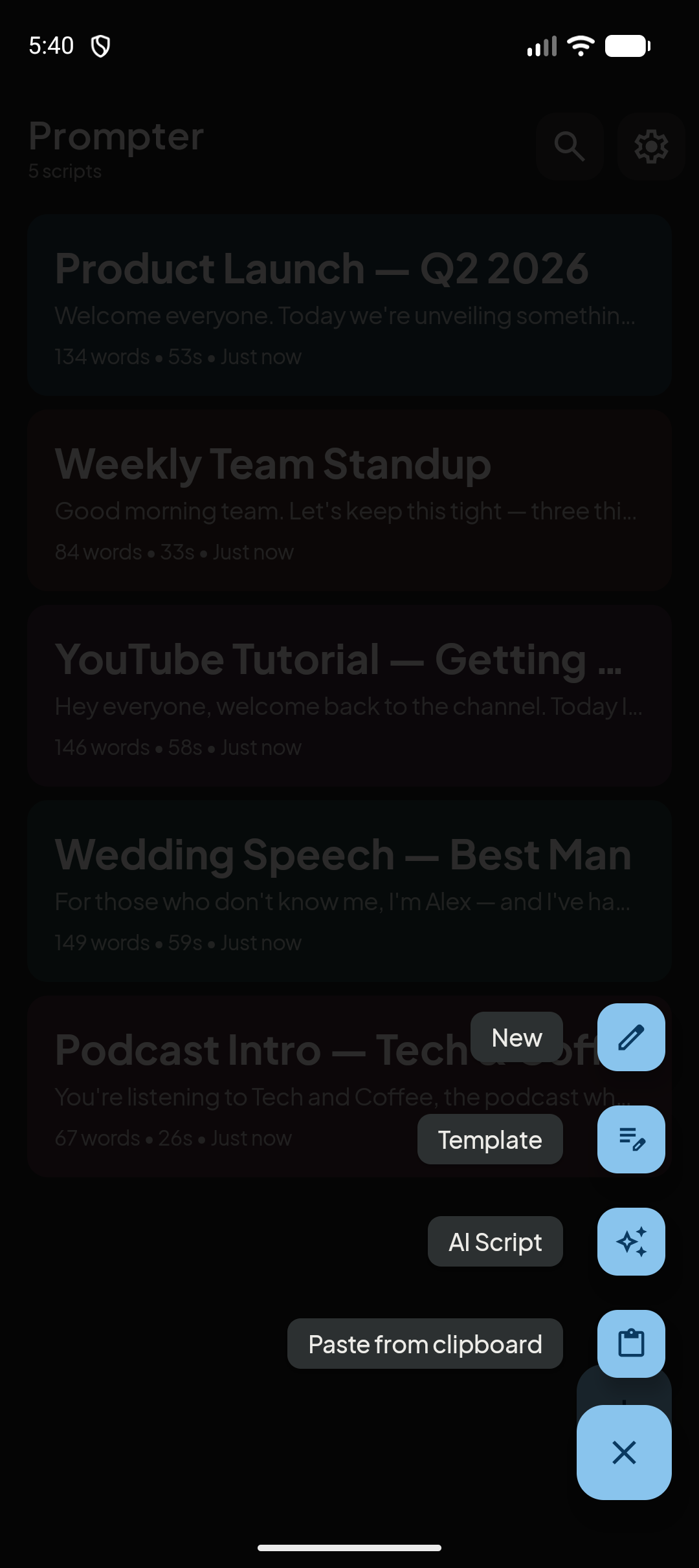 Prompter new script menu