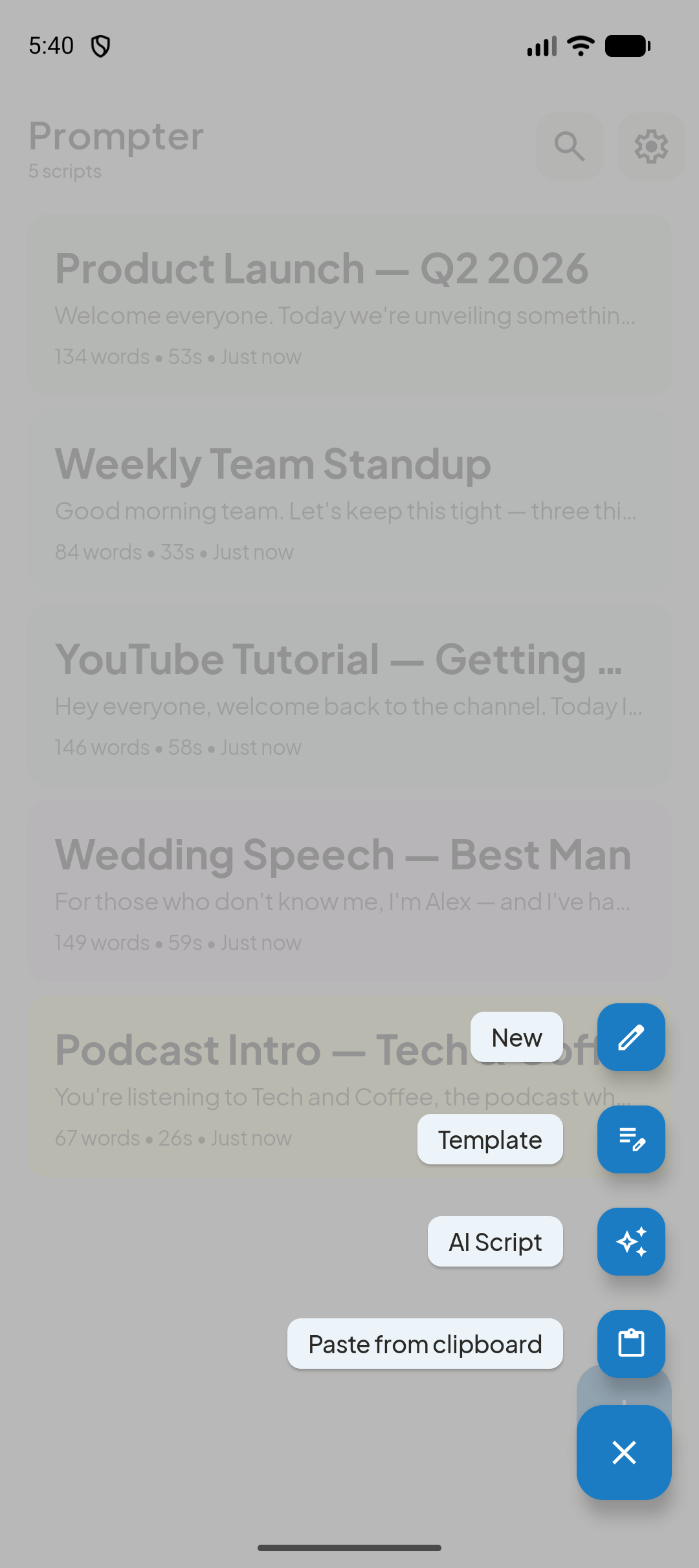 Prompter new script menu