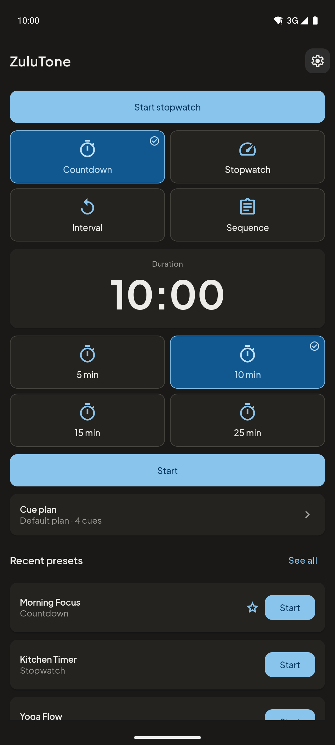 ZuluTone home with countdown and recent presets