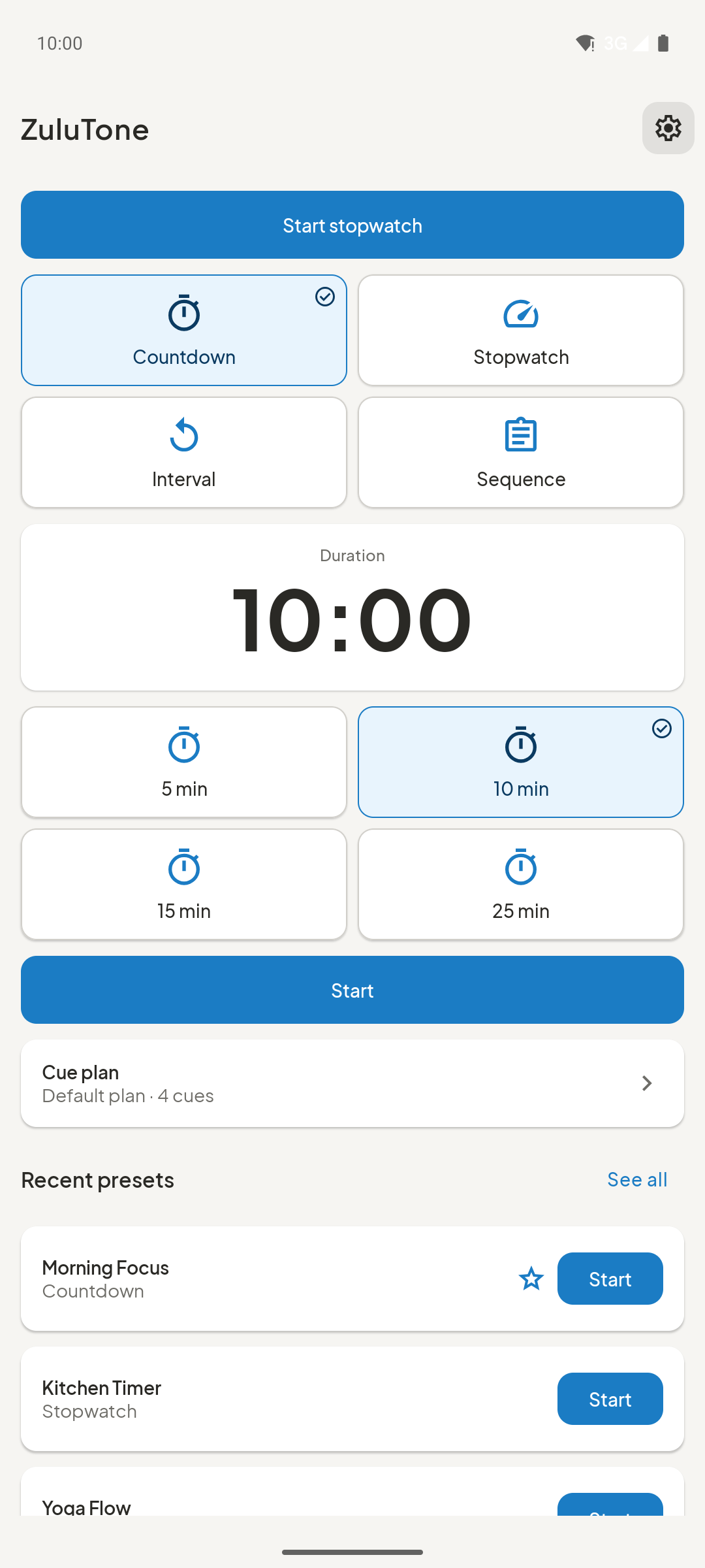 ZuluTone home with countdown and recent presets